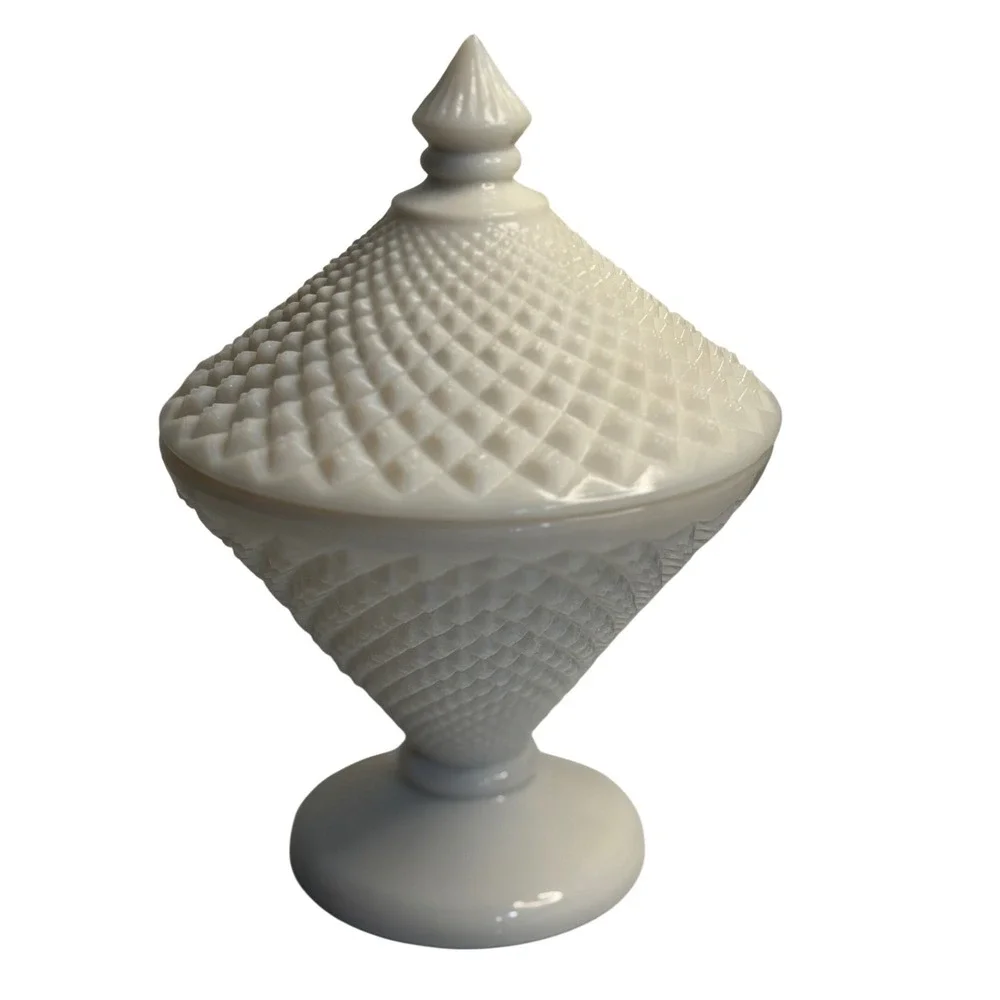 VTG Fenton Milk Glass Hobnail Candy Dish White Pedestal Lidded Compote Bowl 7.5